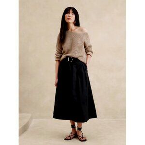 Linen-Blend Pleated Midi Skirt